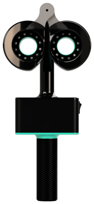 Render of the Revolux binocular photobiomodulation device: two eyepieces with light-emitting rings on a handheld body