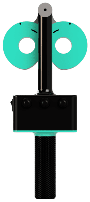 The Revolux prototype seen head on from the clinician's side, showing the two eyecup faces above the session controls